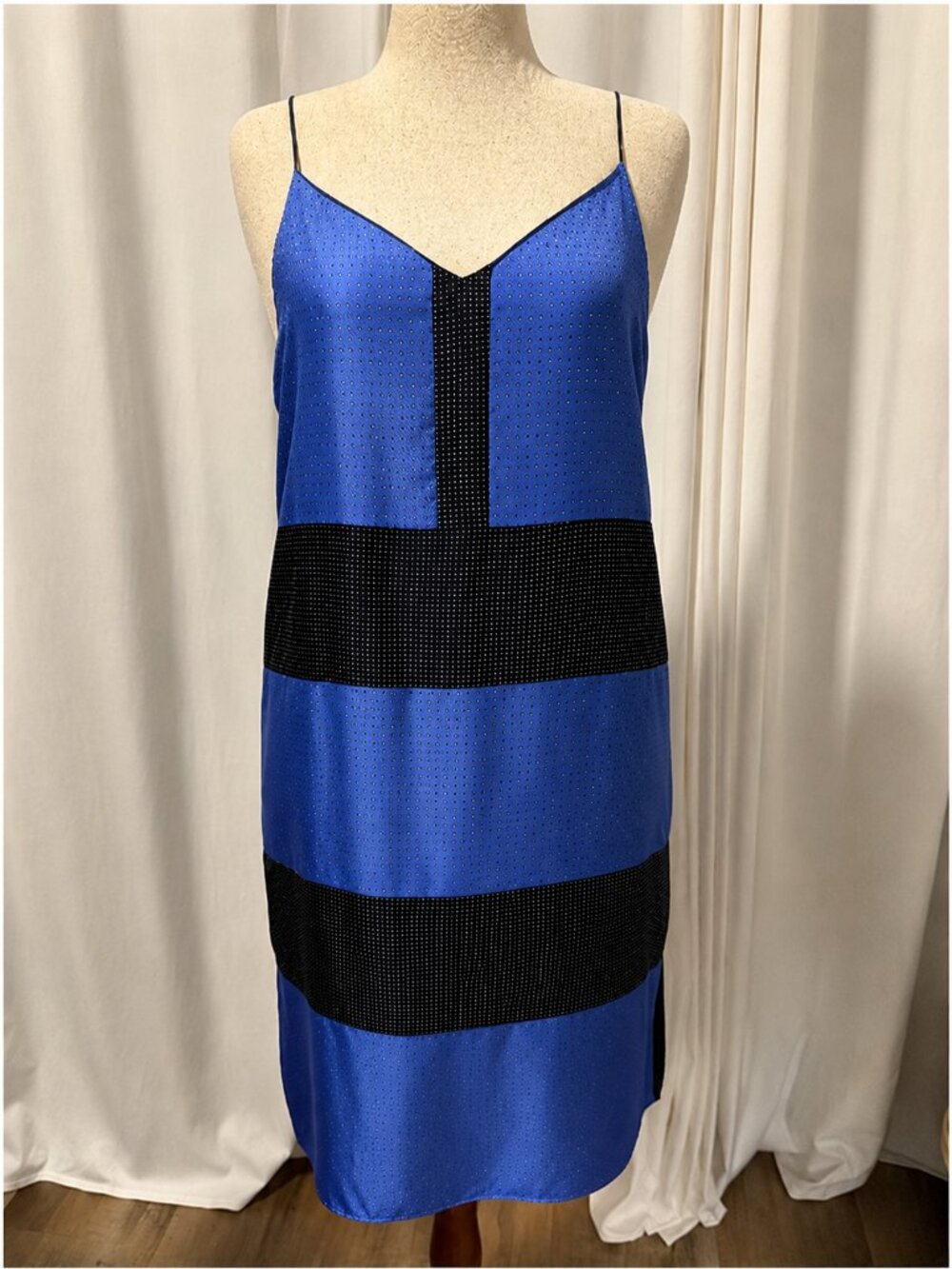Rag & Bone 100% Silk Blue Black Colorblock Slip Midi Dress Keyhole USA 10